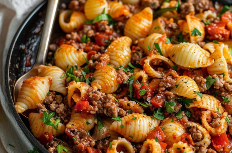 Simple Ground Beef Shells Skillet