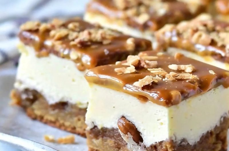 Praline Crumb Caramel Cheesecake Bars