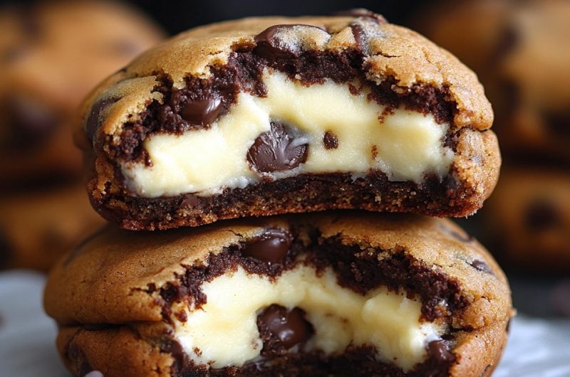 Gooey Chocolate Chip Cookies Filled with Creamy Cheesecake
