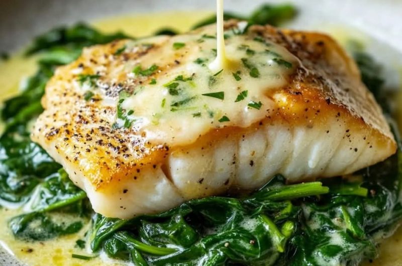 Lemon-Garlic Sea Bass with Creamed Spinach