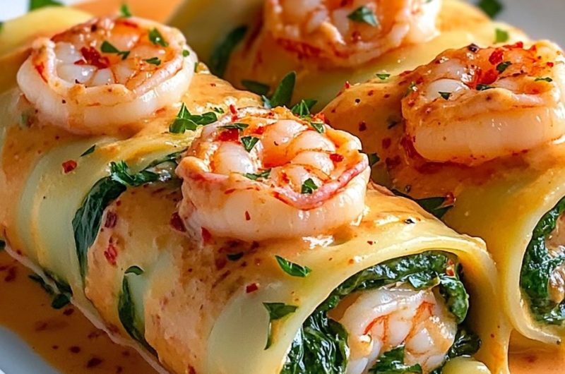 Shrimp and Spinach Stuffed Pasta Rolls with Roasted Red Pepper Cream