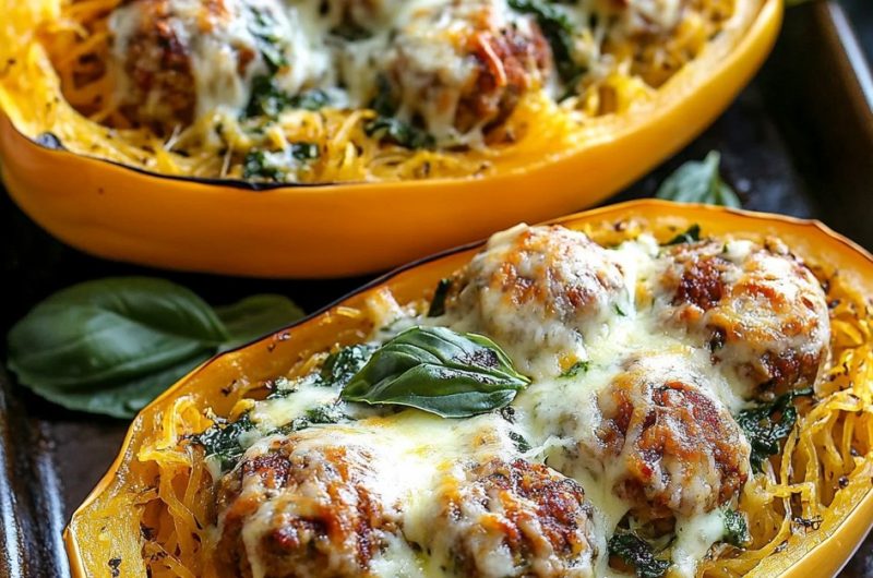 Spaghetti Squash with Cheesy Meatballs & Garlic Herb Butter