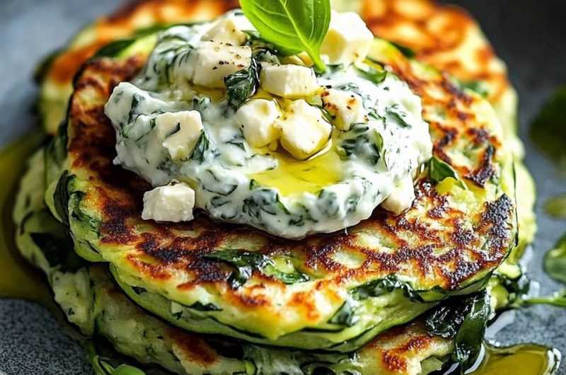 Zucchini, Feta, and Spinach Fritters with Garlic Tzatziki