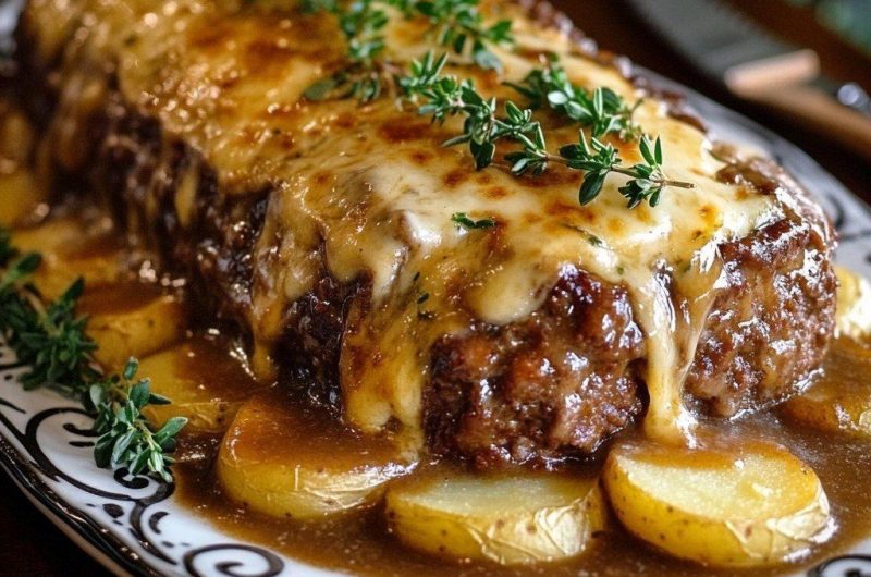 Cheesy Meatloaf with Golden Potato Slices & Gravy