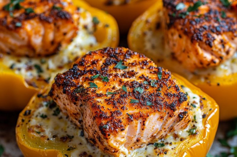 Blackened Salmon and Shrimp Alfredo Stuffed Bell Peppers