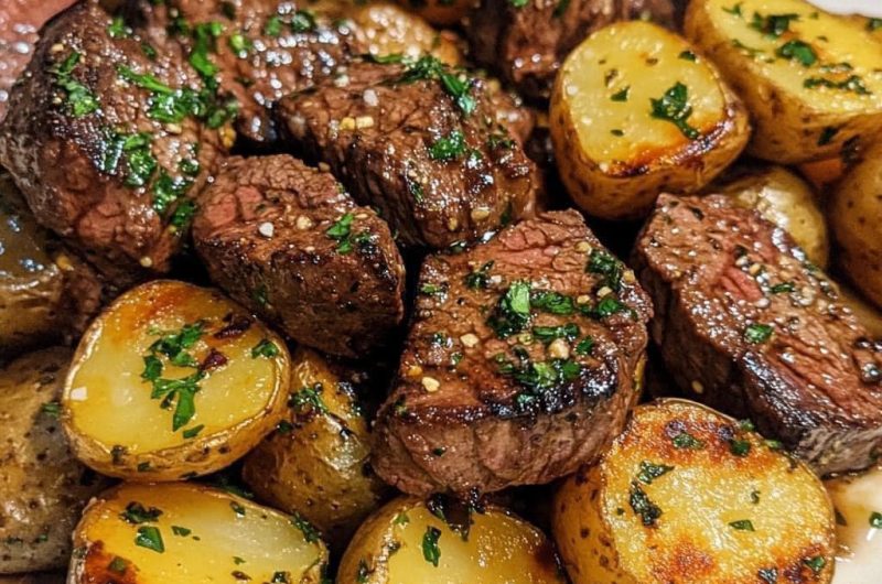 Air Fryer Garlic Butter Steak Bites and Potatoes