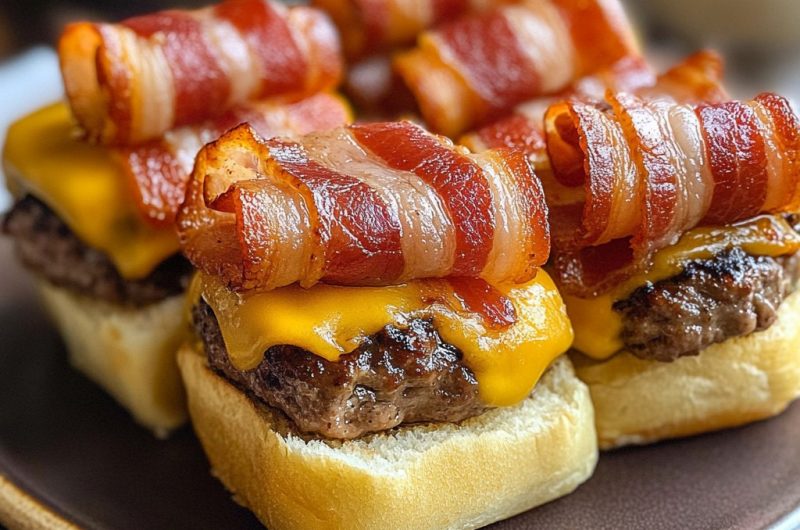 Bacon-Wrapped Cheeseburger Sliders with Cheddar and Pickles