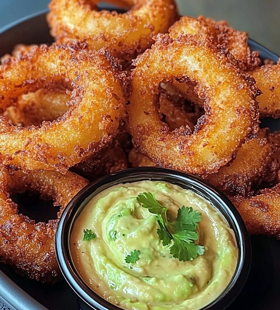 Crispy Onion Rings with Spicy Avocado Dip Recipe