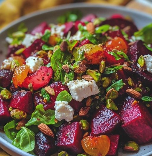 Roasted Beet Salad with Creamy Goat Cheese and Sweet Candied Pecans
