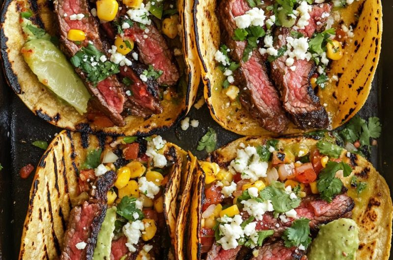 Sizzling Grilled Steak Tacos with Creamy Elote Corn and Zesty Salsa