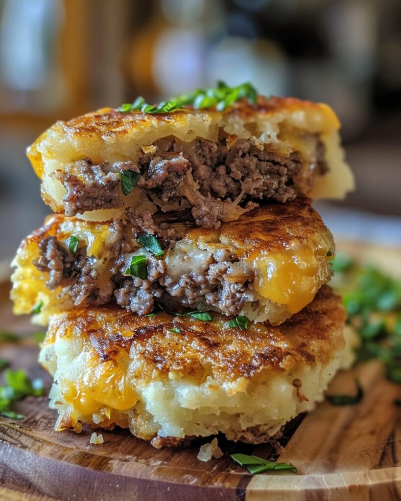 Cheesy Beef Stuffed Potato Cakes