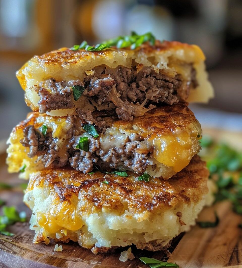 Cheesy Beef Stuffed Potato Cakes
