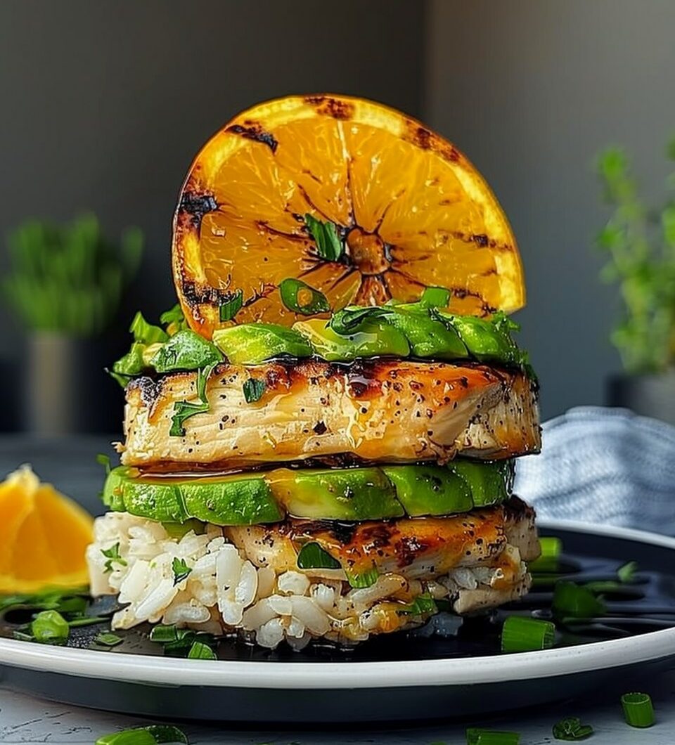 Citrus Grilled Chicken Avocado Rice Stack