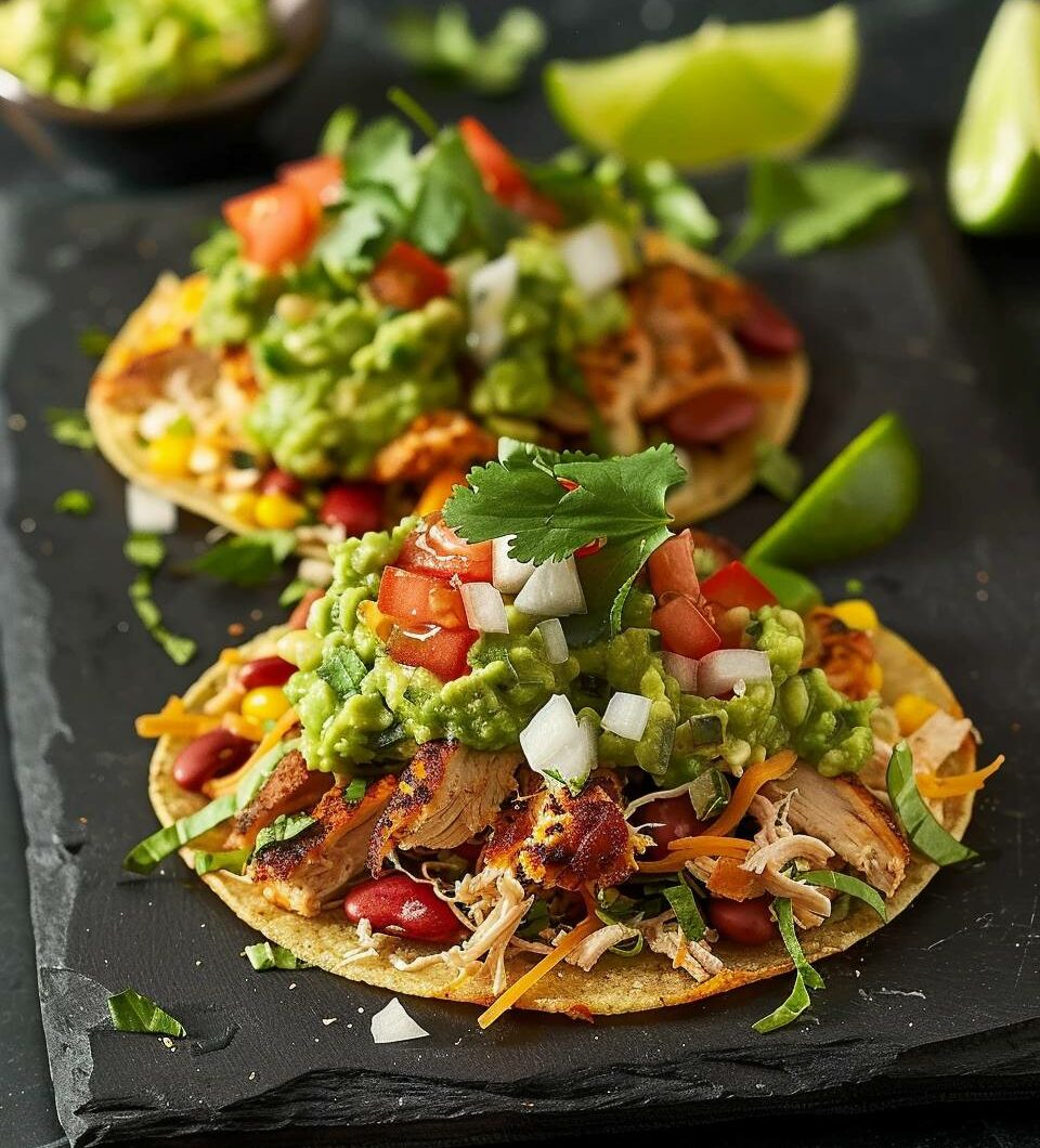 Chicken, Guacamole and Bean Tostadas