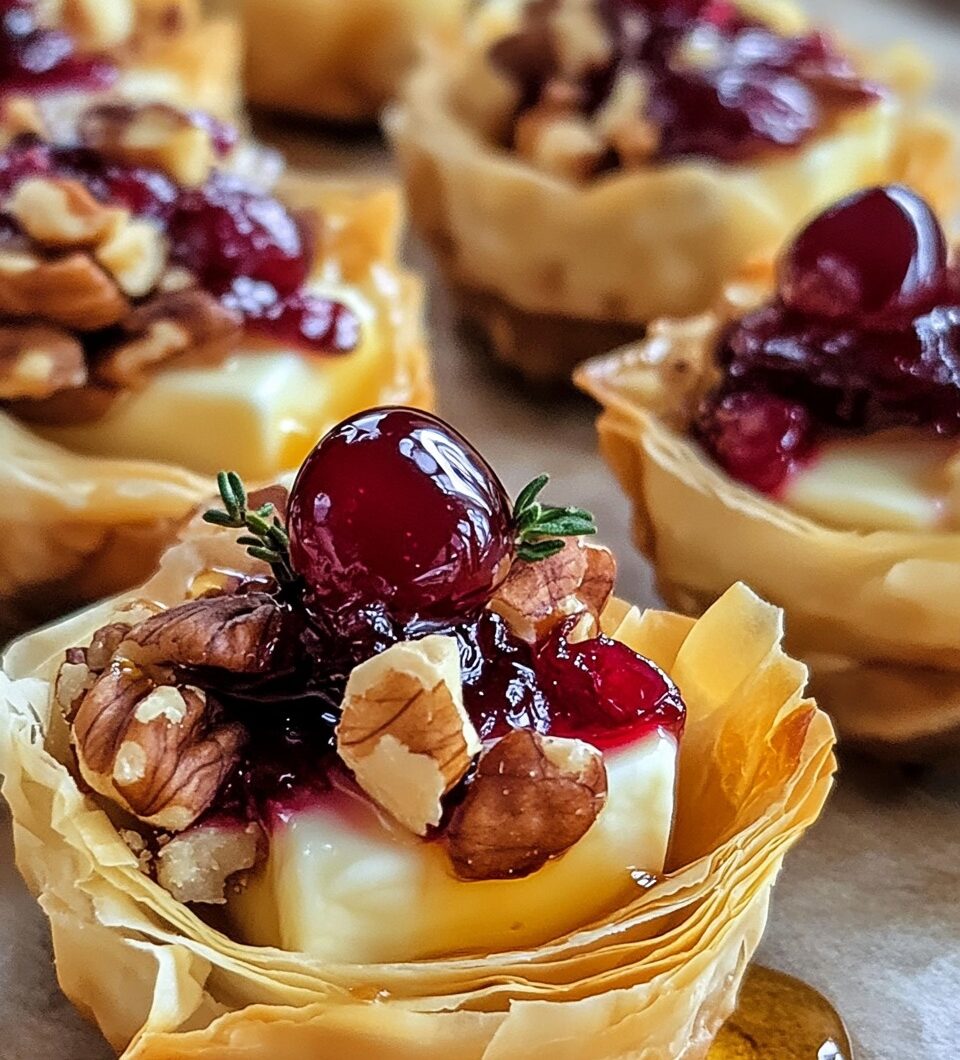 Cranberry & Walnut Brie Phyllo Cups with Honey Drizzle