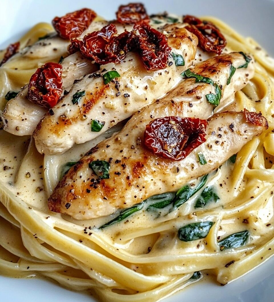Fettuccine Alfredo with Chicken, Sundried Tomatoes & Spinach
