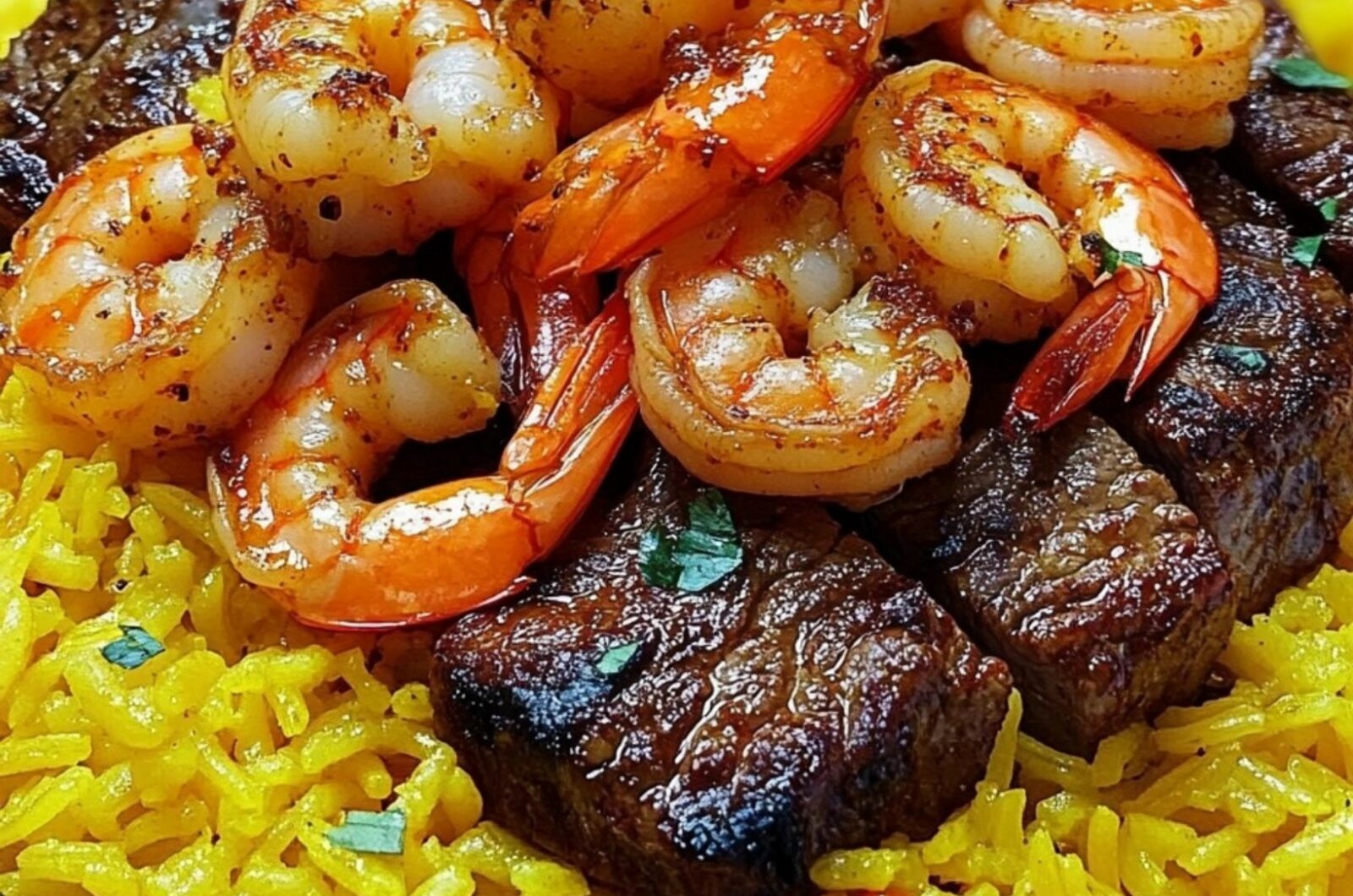 Jerk Steak & Shrimp over Yellow Rice
