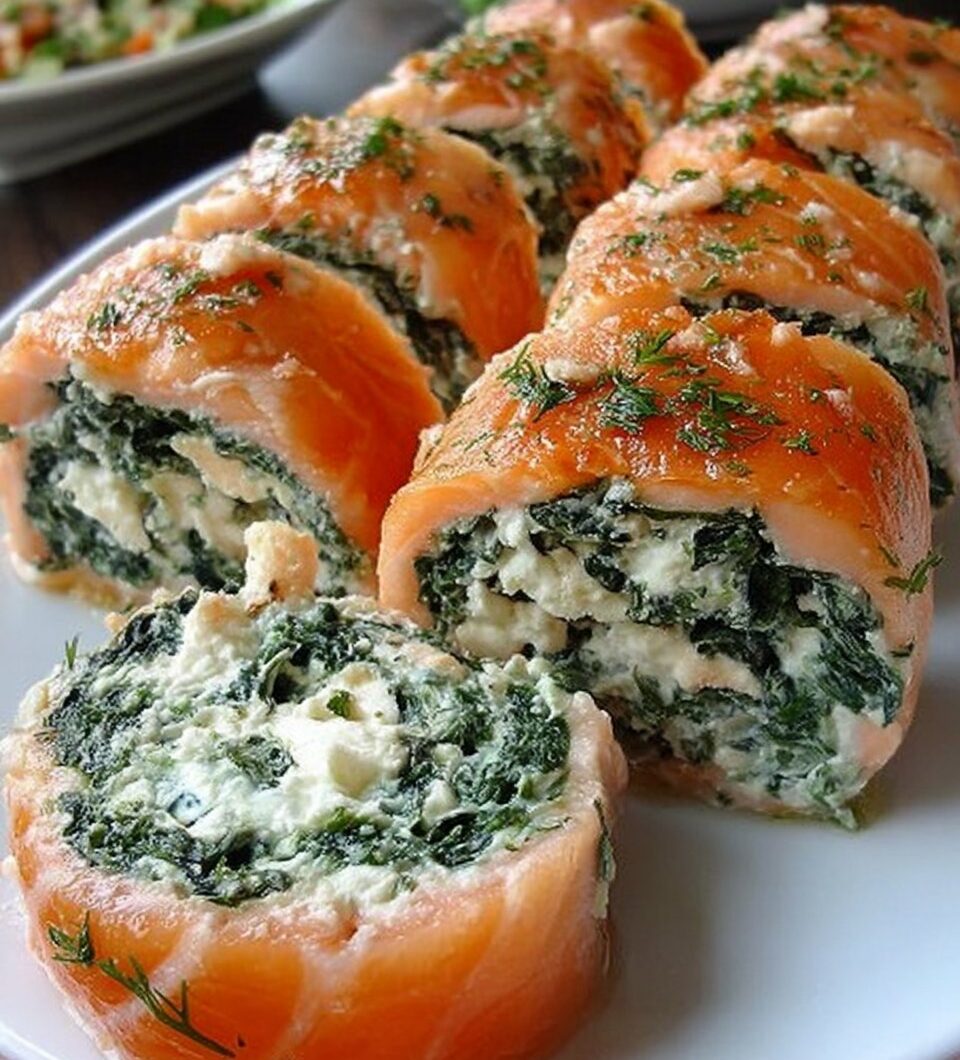Spinach & Feta Stuffed Salmon Pinwheels
