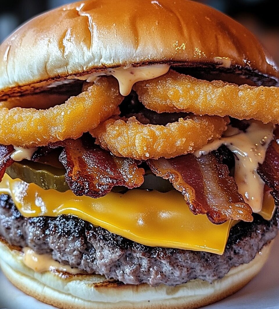 Ultimate Bacon Double Cheeseburger with Onion Rings