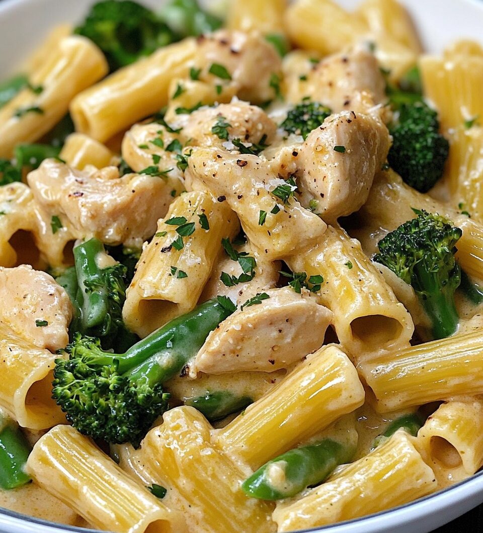 Creamy Chicken and Broccoli Rigatoni Pasta with Fresh Green Beans