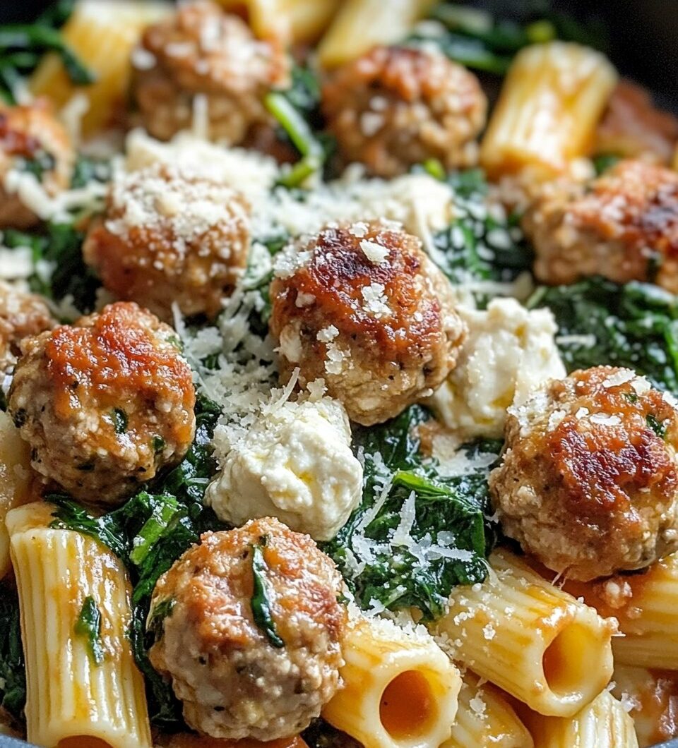 Turkey & Ricotta Meatballs with Garlic Spinach Rigatoni