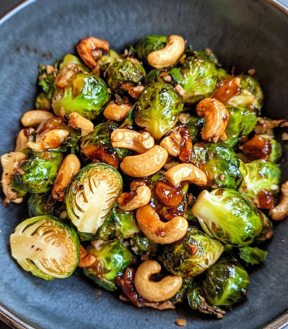 Honey Sriracha Glazed Brussels Sprouts with Toasted Cashews
