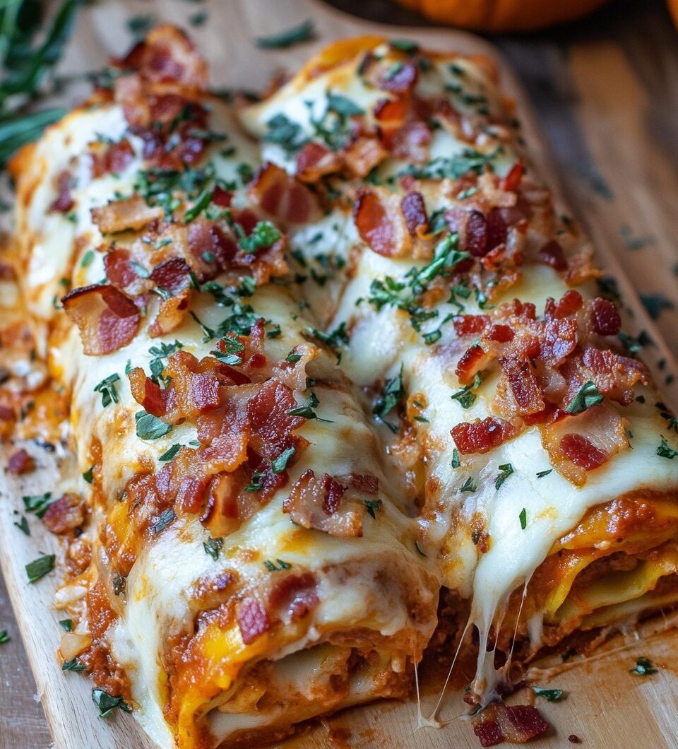 Pumpkin Lasagna Roll-Ups with Crispy Bacon