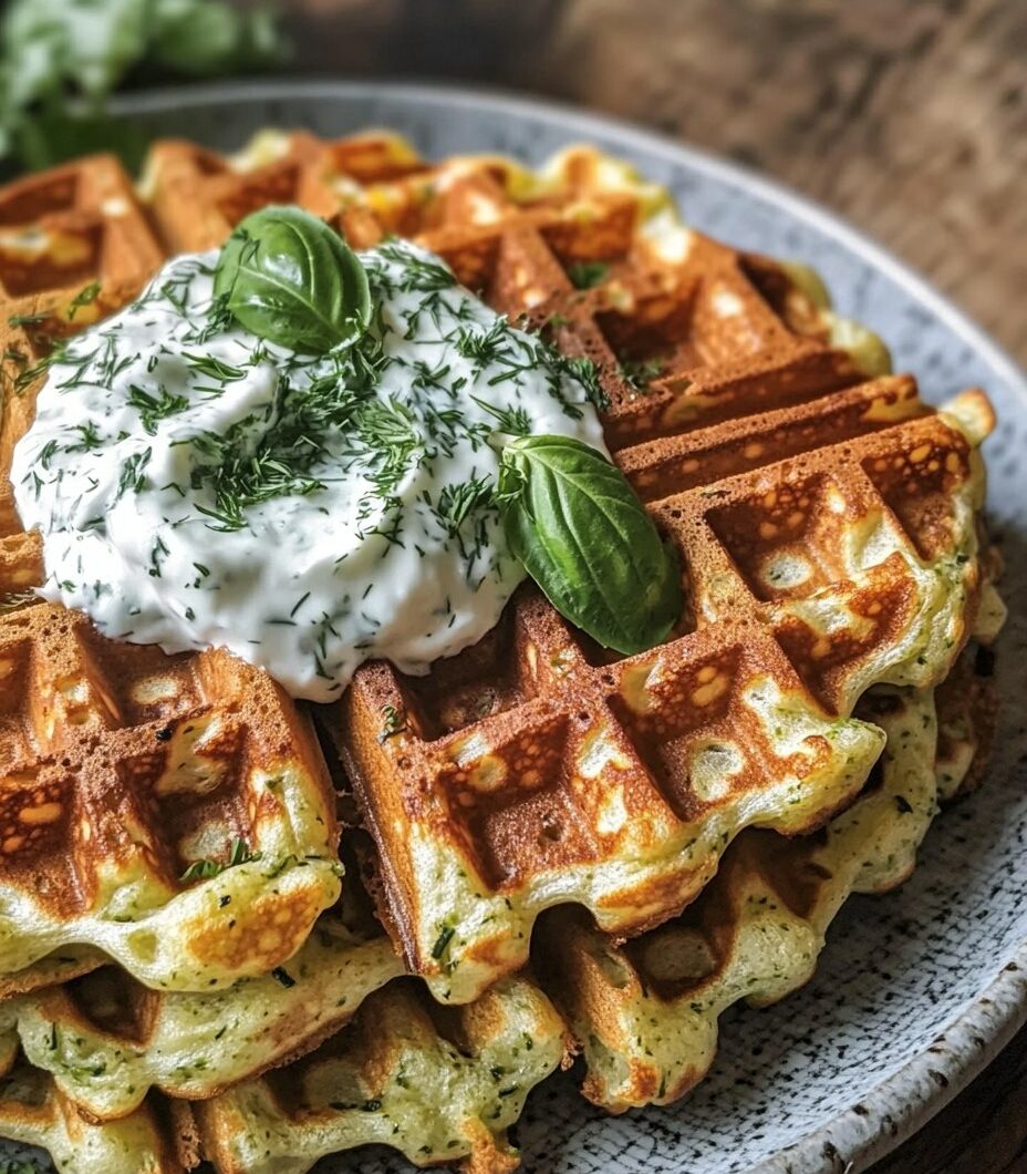 Crispy Zucchini Parmesan Waffles with Herb Yogurt Dip