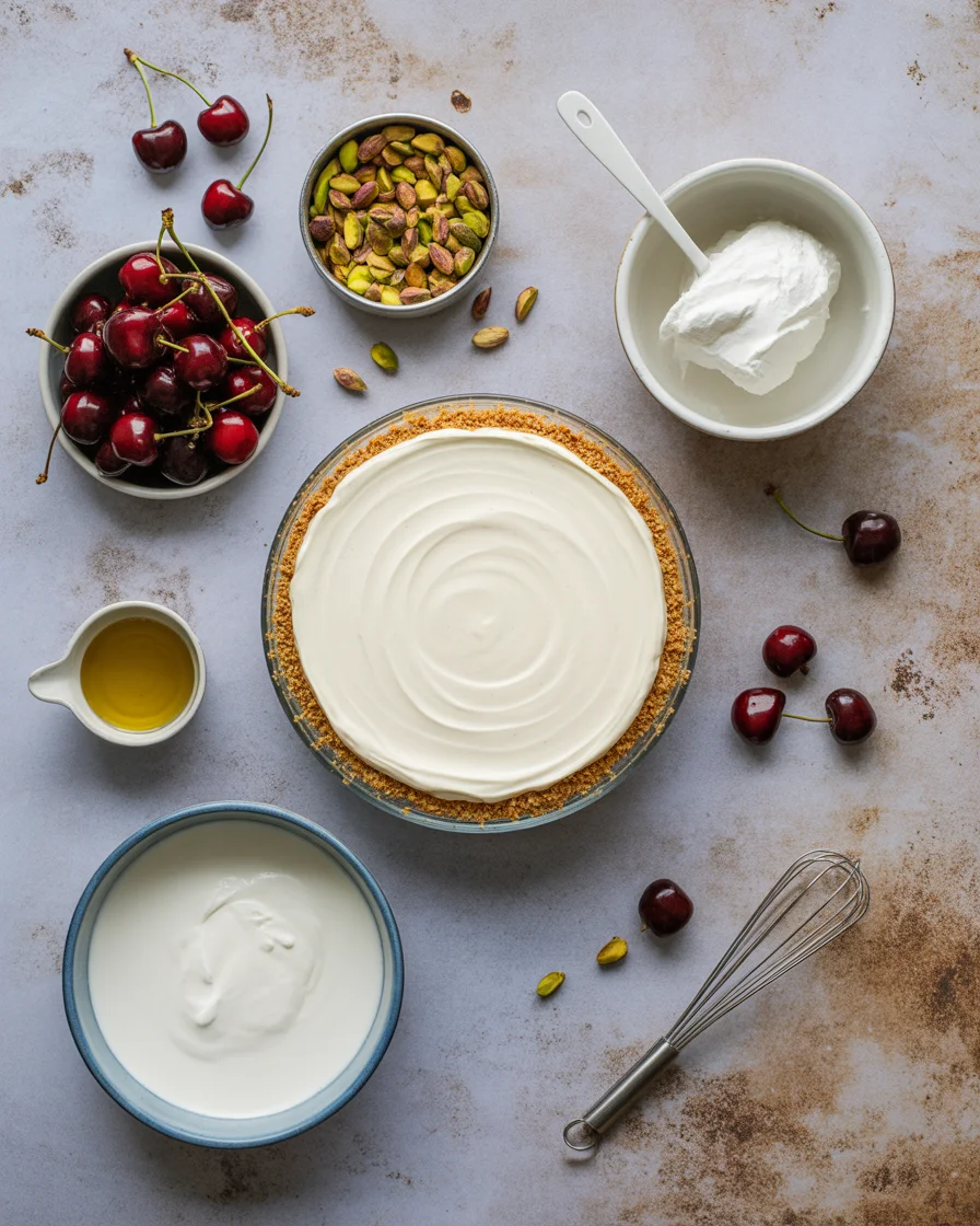 No Bake Cherry and Pistachio Cheesecake