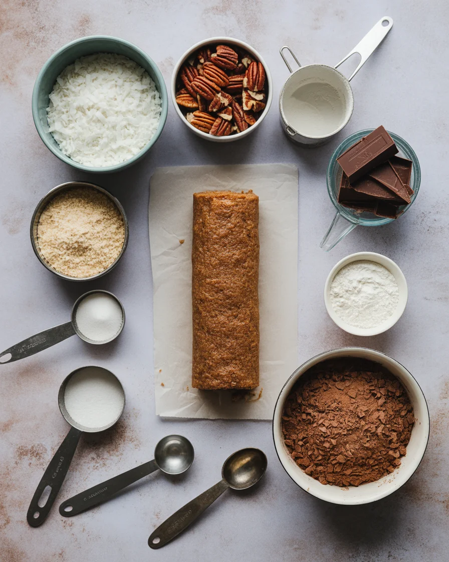 German Chocolate Coconut Pecan Roll Cake