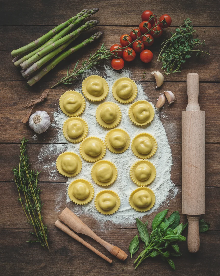 Ravioli with Tomatoes, Asparagus, Garlic, and Herbs
