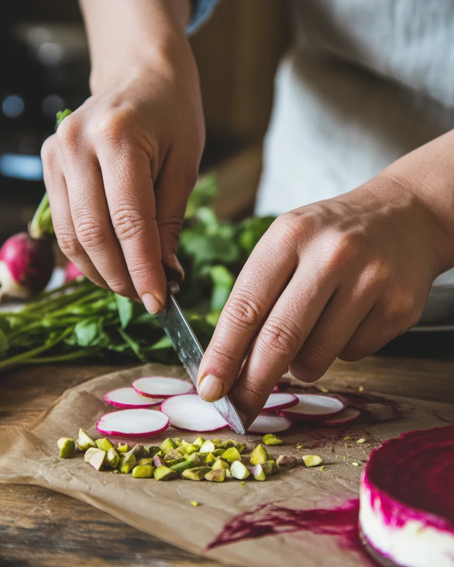 Beetroot Feta Crustless Cheesecake with Dill & Pistachio Dust