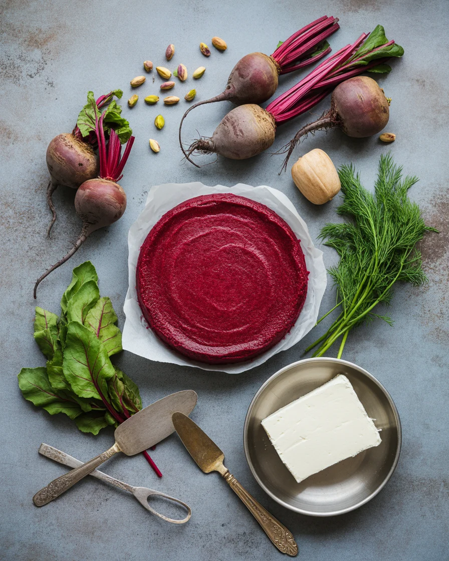 Beetroot Feta Crustless Cheesecake with Dill & Pistachio Dust