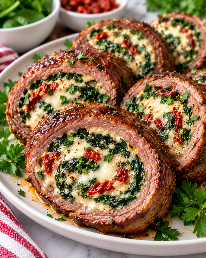 Creamy Spinach Stuffed Flank Steak Pinwheels