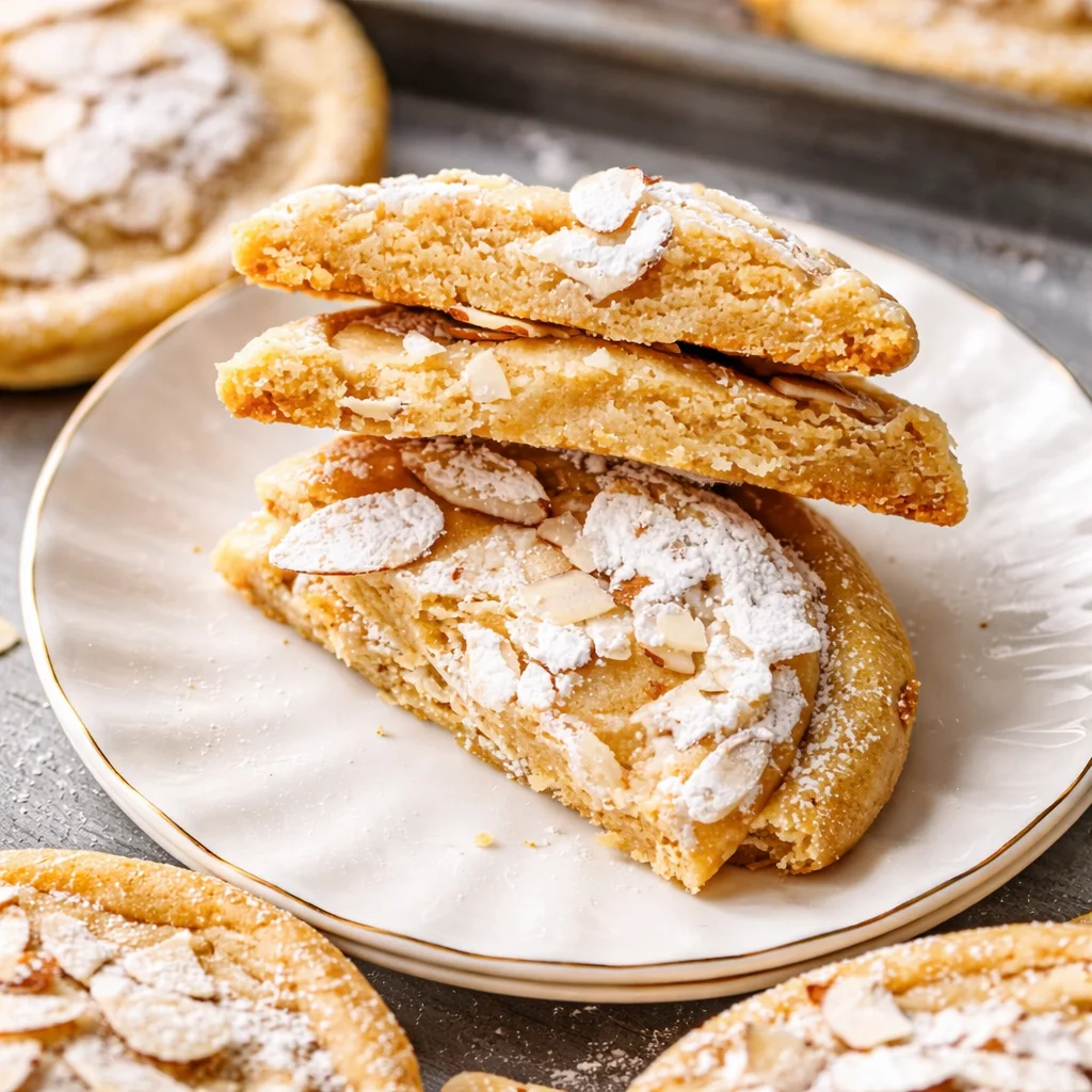 Almond Croissant Cookies with frangipane filling and almond toppings