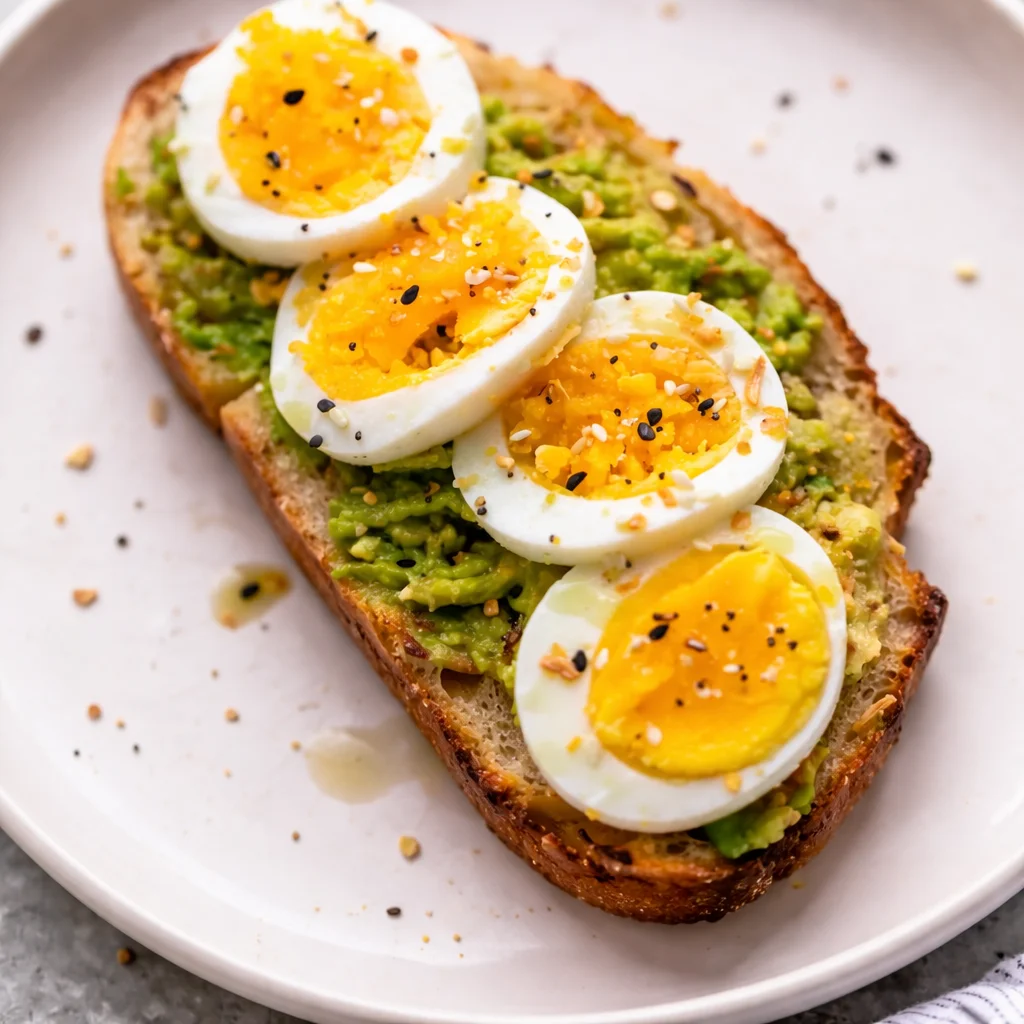 Delicious avocado toast topped with soft-boiled eggs, perfect for brunch.