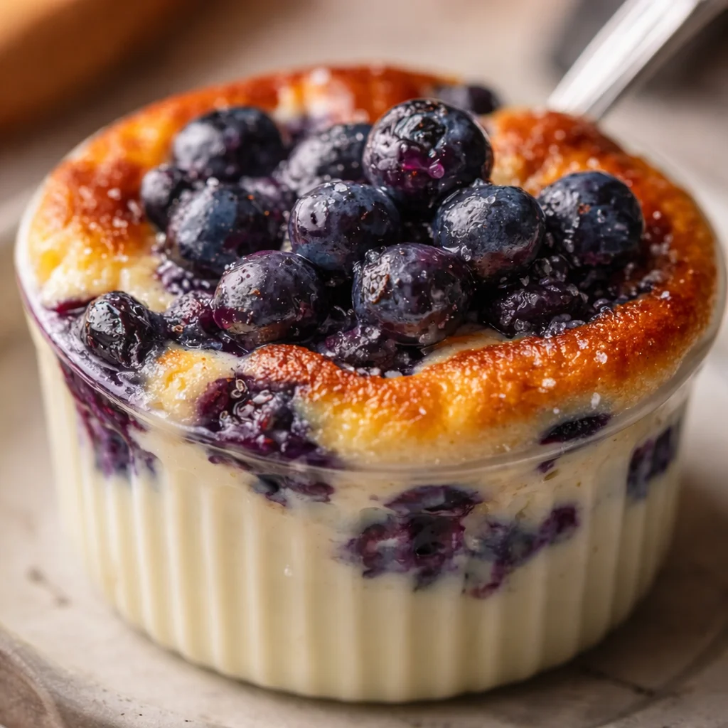 Baked Blueberry Cottage Cheese Breakfast Bowl with fresh blueberries and oats