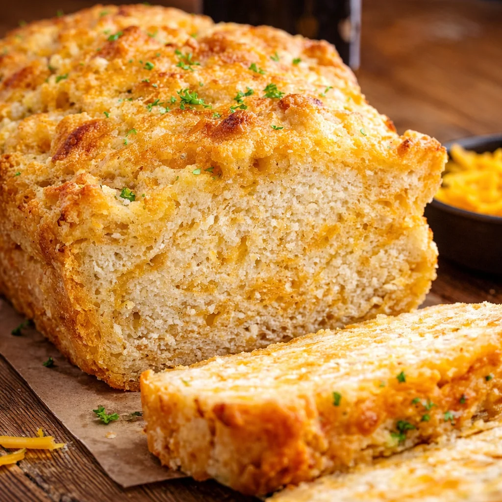Freshly baked Beer Cheese Bread with a soft, buttery texture and cheesy flavor.