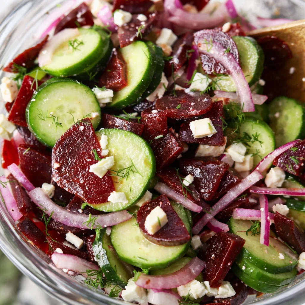 Colorful Beet Salad with Feta and Cucumber served in a bowl, garnished with herbs.