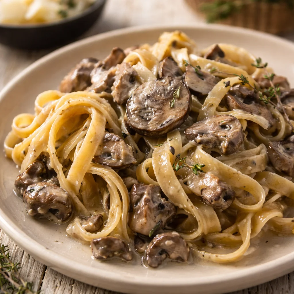 Delicious Brown Butter Mushroom Pasta topped with fresh herbs and parmesan cheese.