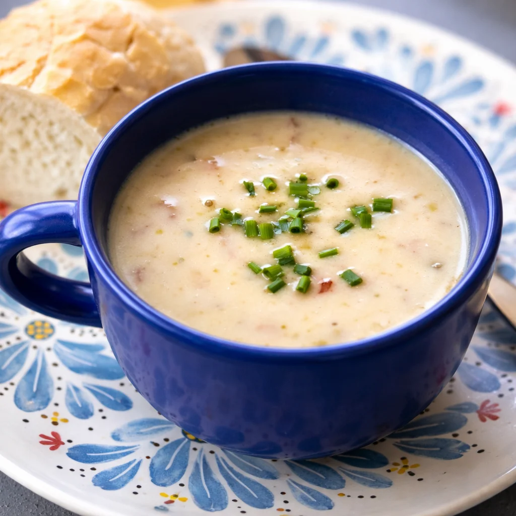 Bowl of Canadian Cheese Soup with cheddar and bacon, inspired by Epcot's Le Cellier.