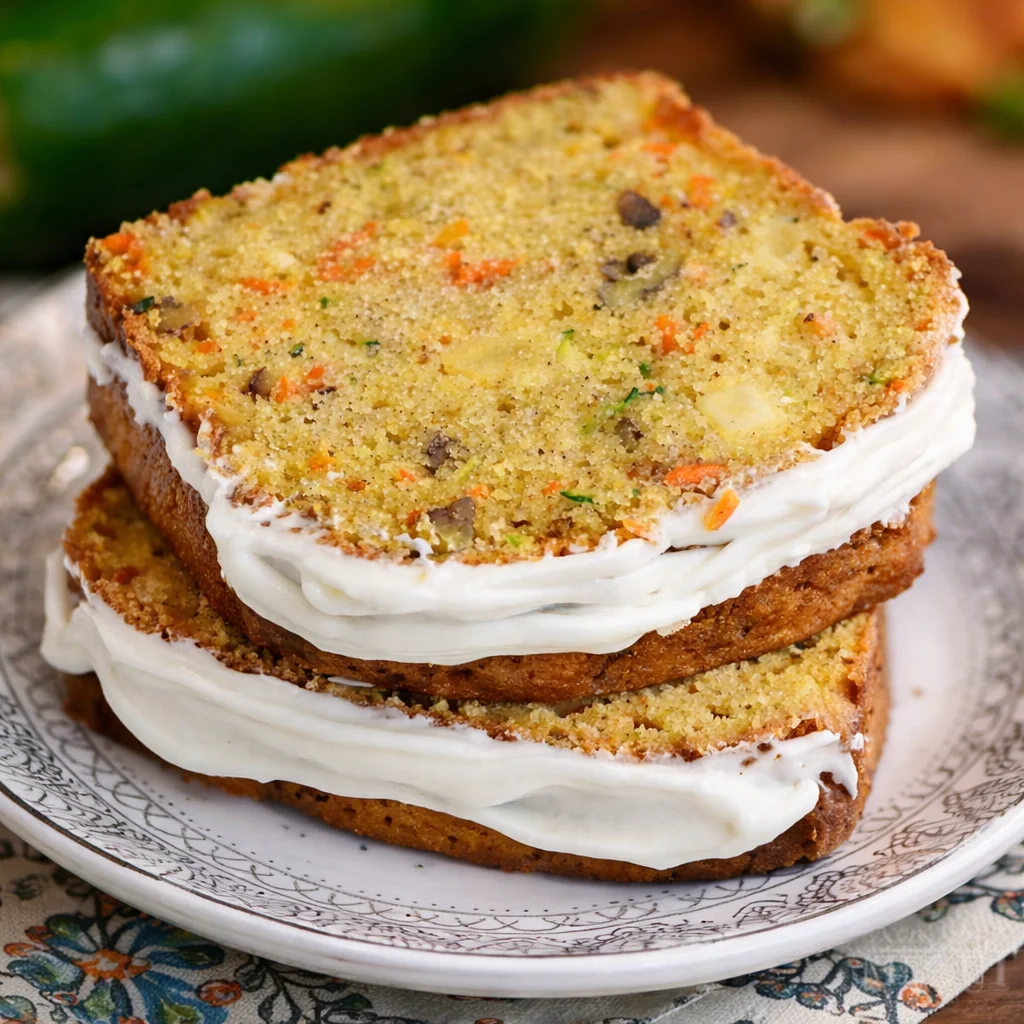 Loaf of freshly baked Carrot Apple Zucchini Bread with walnuts and spices