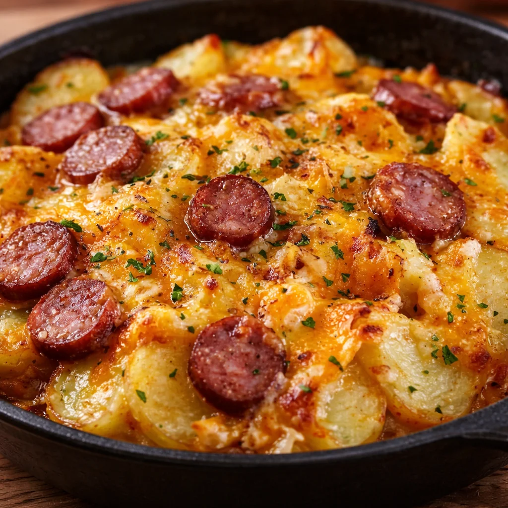 Cheesy Ranch Potatoes with Smoked Sausage served in a casserole dish
