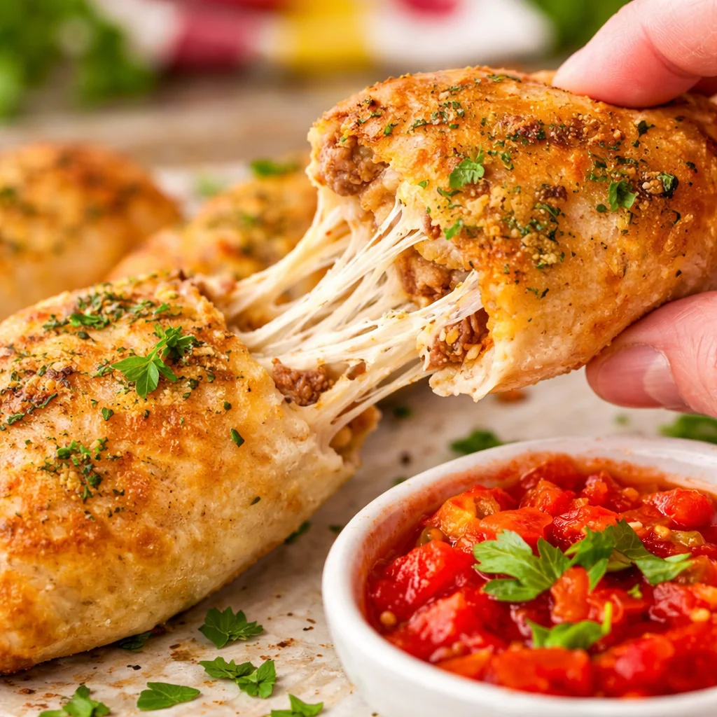 Cheesy Taco Sticks filled with taco meat and cheese, perfect for snacks or meals.