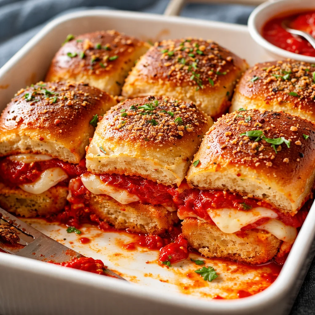 Delicious chicken parm sliders with marinara sauce and cheese on sweet Hawaiian rolls.