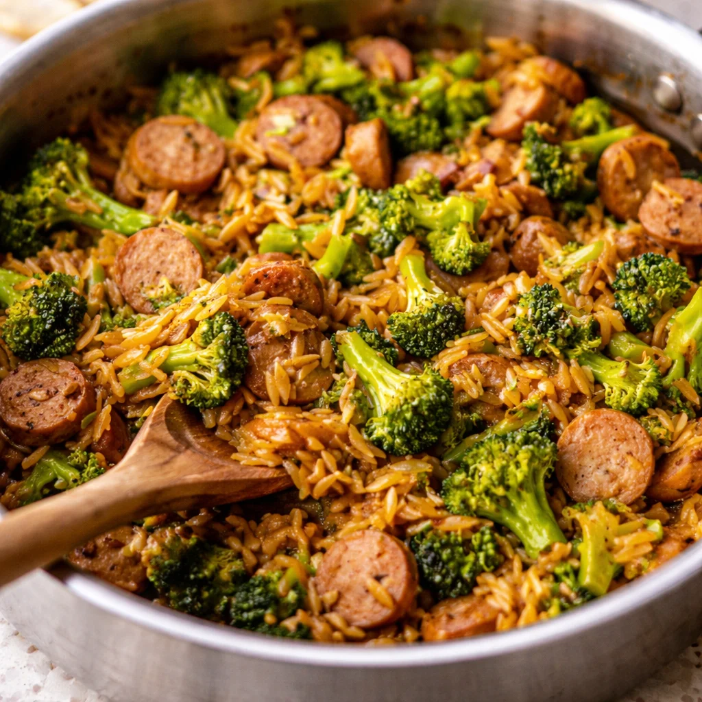 One-pan Chicken Sausage and Broccoli Orzo skillet dinner topped with parmesan cheese.