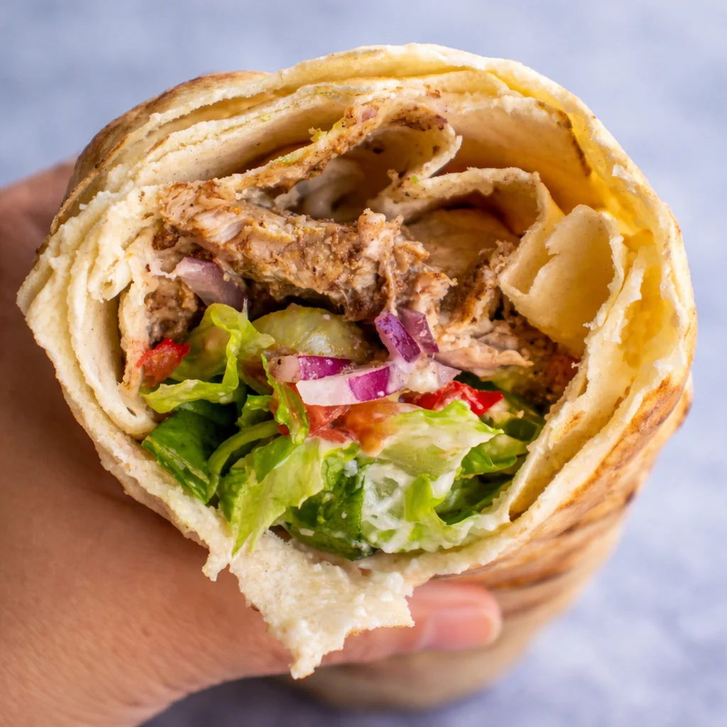 Delicious Chicken Shawarma Wrap with garlic sauce and fresh vegetables in pita bread.
