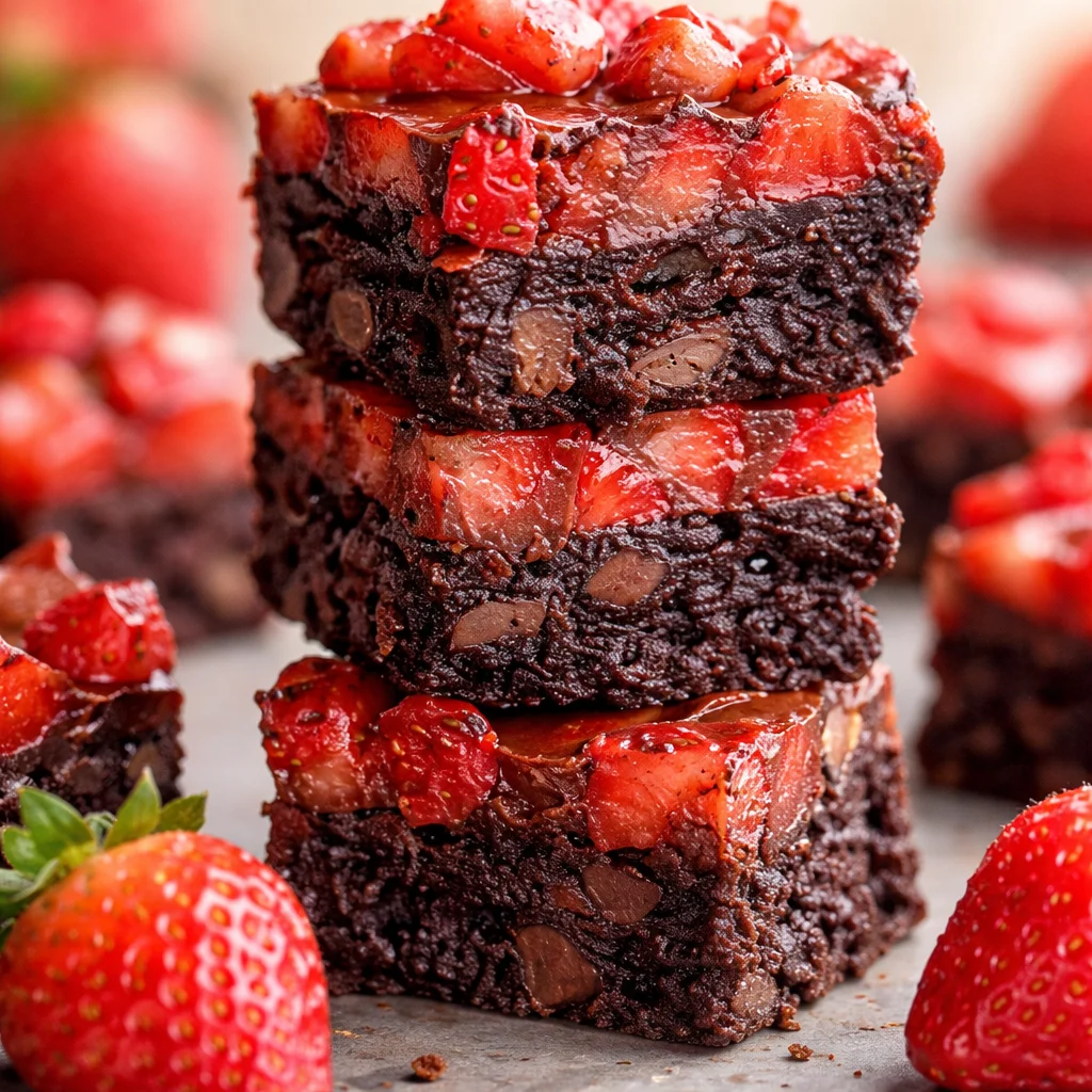 Delicious Chocolate Covered Strawberry Brownies topped with fresh strawberries and ganache