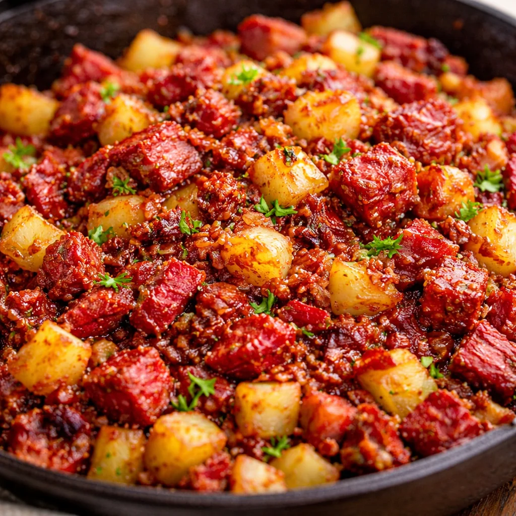 Delicious Corned Beef Hash with crispy potatoes and eggs served in a skillet.