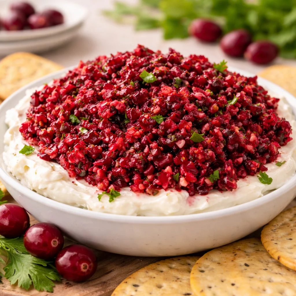Cranberry Cream Cheese Spread served with crackers, perfect for holiday entertaining.